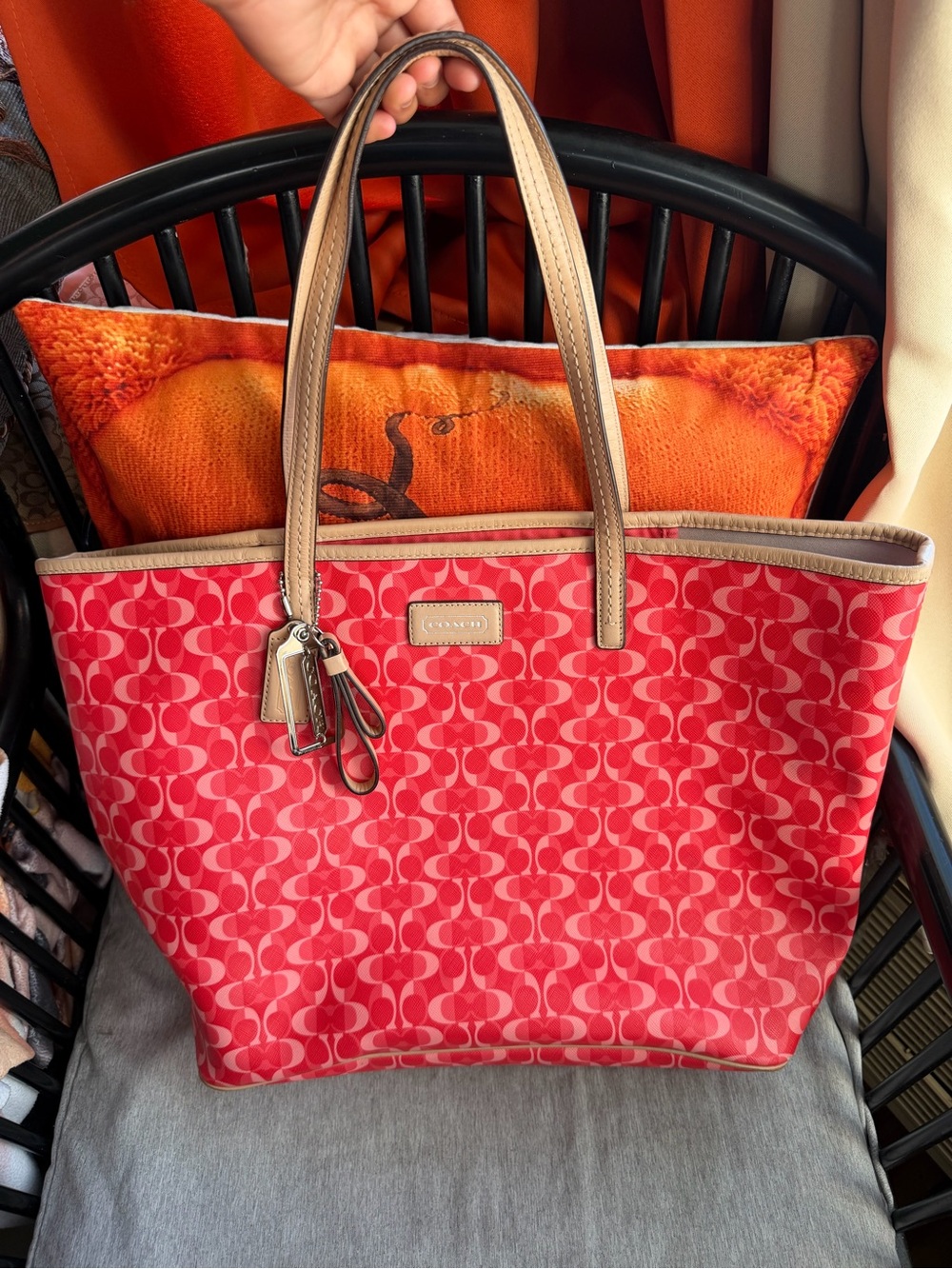 Coach Red pink Signature Tote with Tan Leather Trim